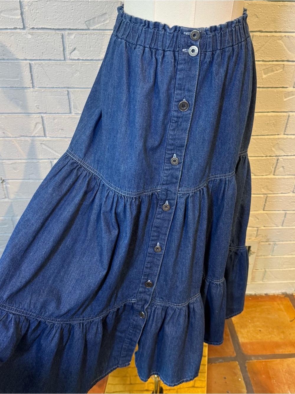 Vintage 90s Bonjour Cotton Denim Tiered Midi Skirt Womens S